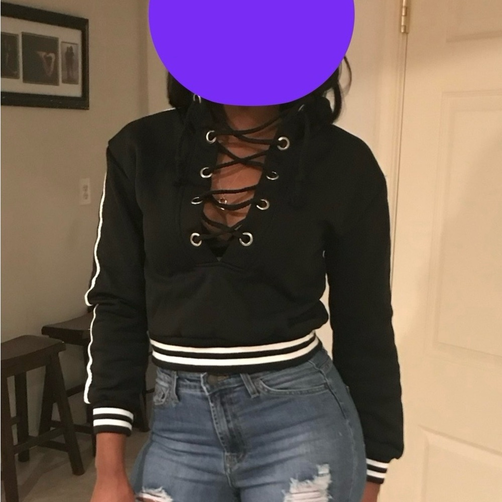 Black and white stripped hoodie.